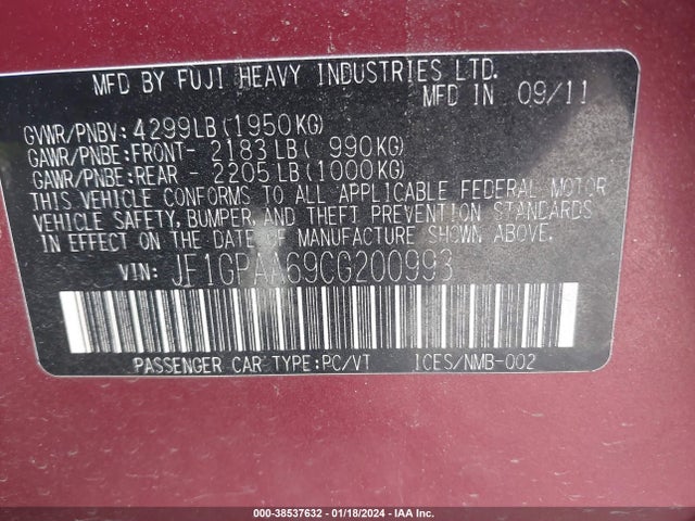 Продаж на аукціоні авто 2012 Subaru Impreza 2.0i, vin: JF1GPAA69CG200993, номер лоту: 38537632