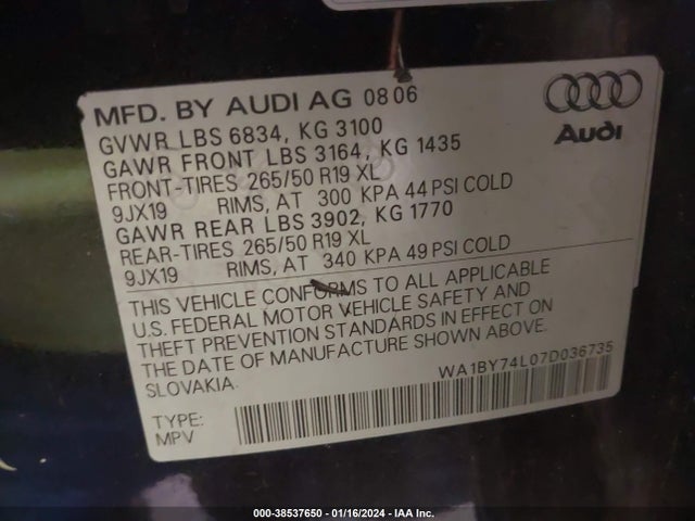 2007 AUDI Q7 3.6 PREMIUM VIN: WA1BY74L07D036735