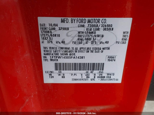 2005 FORD F-150 FX4/LARIAT/XLT VIN: 1FTPW14505FA14381