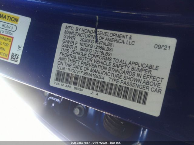 1HGCV1F35MA109304 Honda Accord Sport