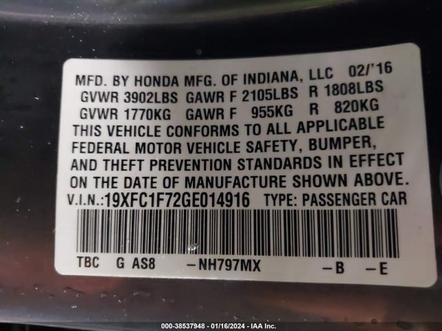2016 HONDA CIVIC EX-L VIN: 19XFC1F72GE014916