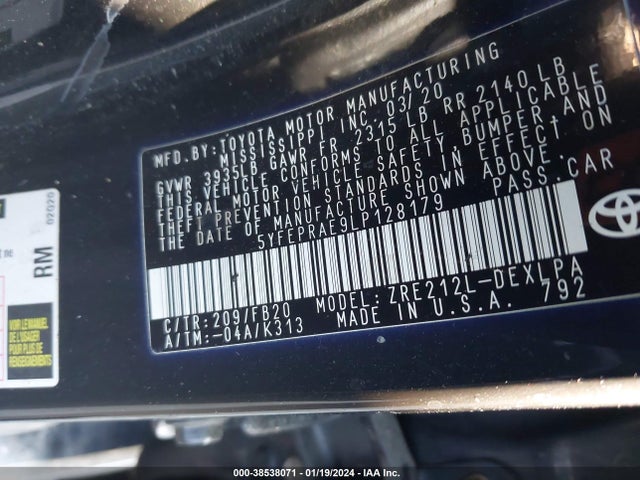Toyota COROLLA LE 2020 5YFEPRAE9LP128179 Image 9