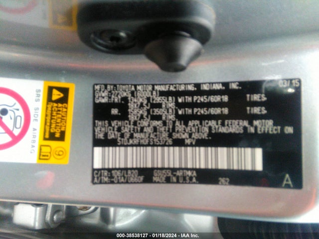 2015 TOYOTA HIGHLANDER XLE V6 VIN: 5TDJKRFH0FS153726