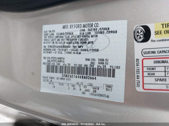 2006 FORD FREESTAR SE VIN: 2FMZA51646BA02664