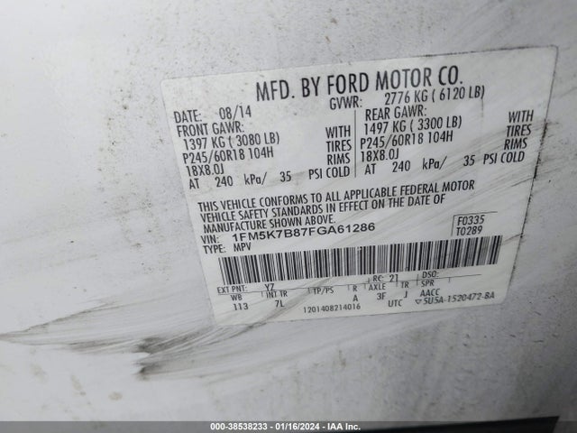 2015 FORD EXPLORER VIN: 1FM5K7B87FGA61286
