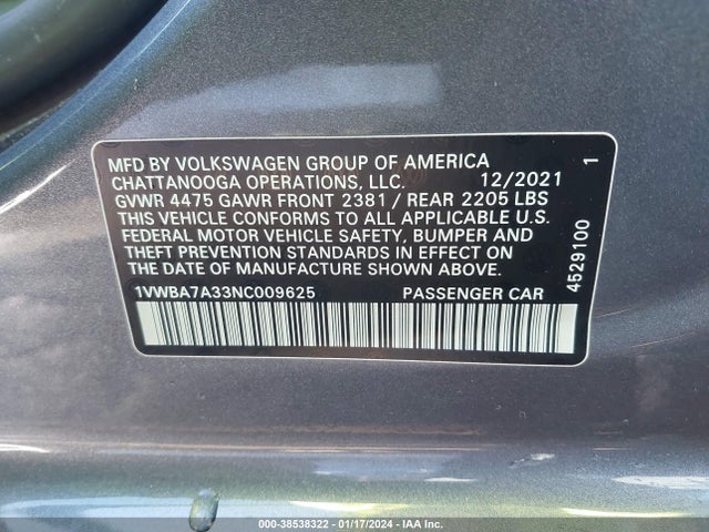 1VWBA7A33NC009625 Volkswagen Passat 2.0t Limited Edition