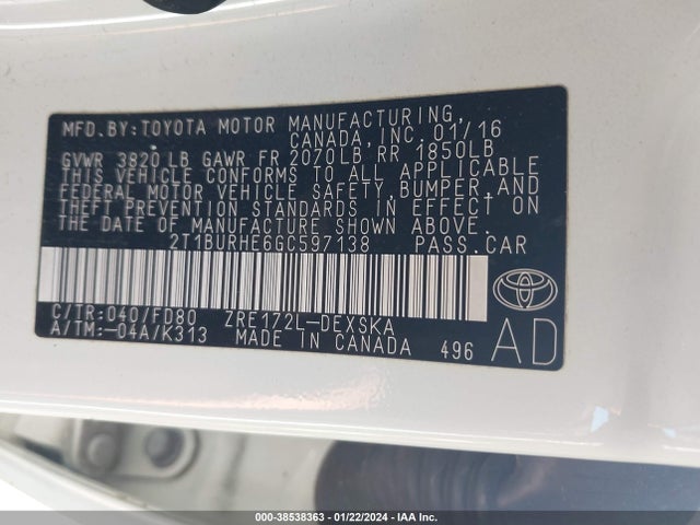 Toyota Corolla S Plus 2016 2T1BURHE6GC597138 Image 9
