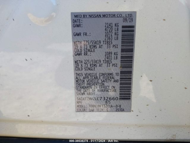 5N1AT2MV2LC732660 Nissan Rogue Sl Intelligent Awd