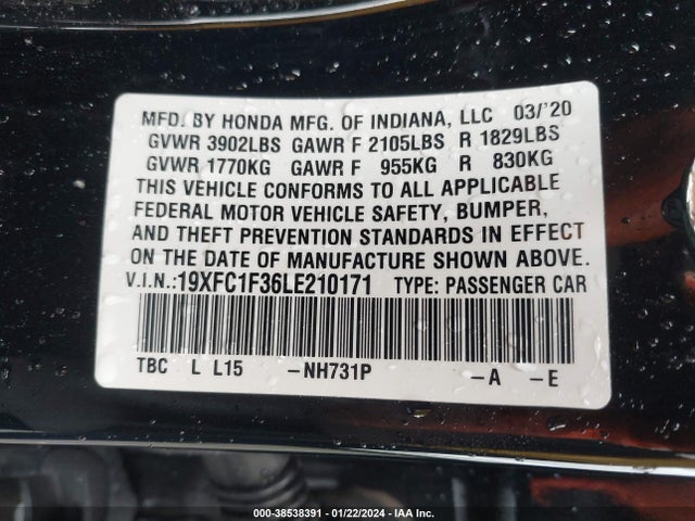 Honda CIVIC EX 2020 19XFC1F36LE210171 Image 9
