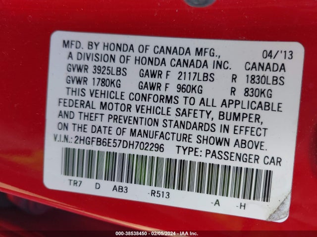 2013 HONDA CIVIC SI VIN: 2HGFB6E57DH702296