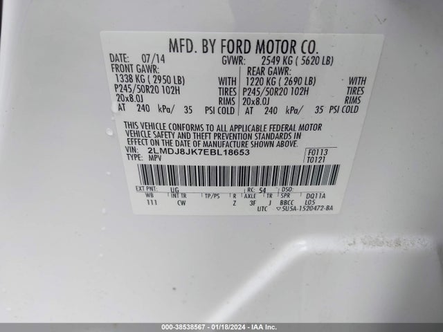 Lincoln MKX 2014 2LMDJ8JK7EBL18653 Image 9