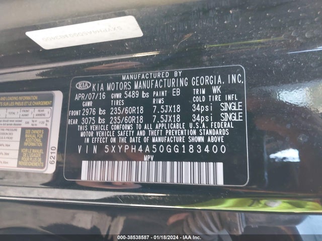 KIA Sorento 3.3l Ex 2016 5XYPH4A50GG183400 Image 9