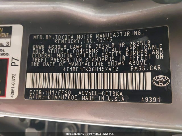 Toyota CAMRY SE 2016 4T1BF1FKXGU157412 Image 9