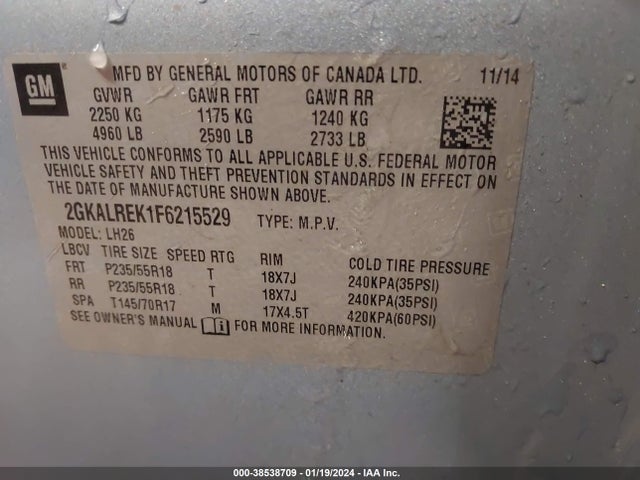 2015 GMC TERRAIN SLE-2 VIN: 2GKALREK1F6215529