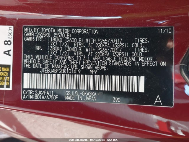 2011 TOYOTA FJ CRUISER VIN: JTEBU4BF2BK101419