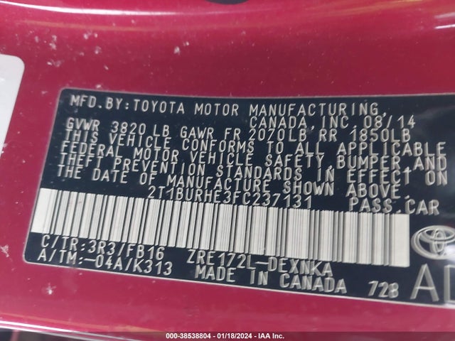 Toyota COROLLA LE 2015 2T1BURHE3FC237131 Image 9