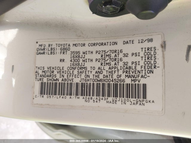 1999 LEXUS LX 470 VIN: JT6HT00W8X0045266