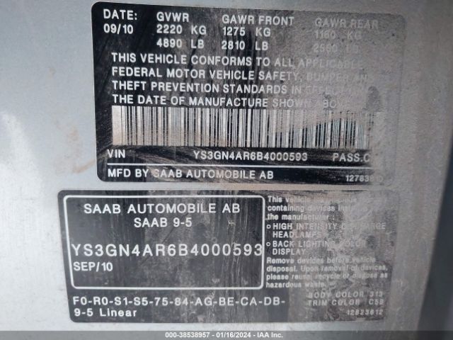 2011 SAAB 9-5 YS3GN4AR6B4000593 Photo 8
