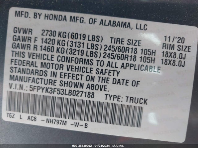 Honda Ridgeline Awd Rtl 2020 5FPYK3F53LB027188 Image 9
