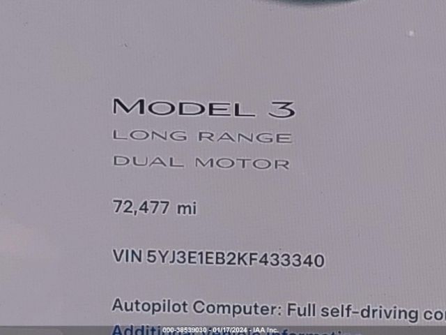 5YJ3E1EB2KF433340 Tesla Model 3 Long Range/performance