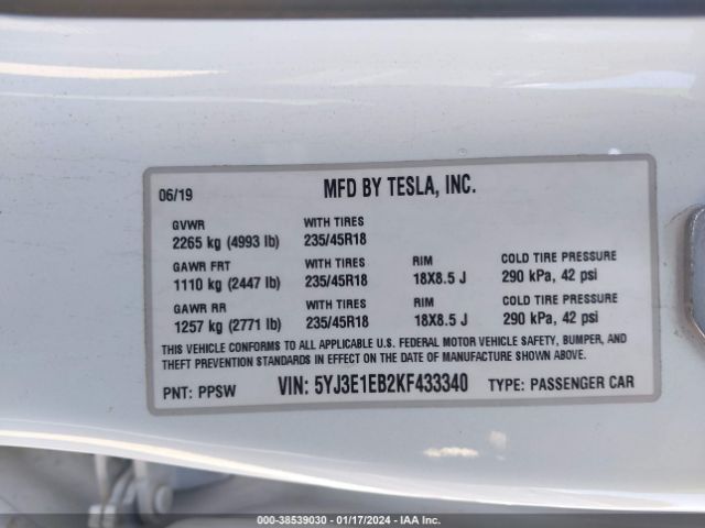 5YJ3E1EB2KF433340 Tesla Model 3 Long Range/performance