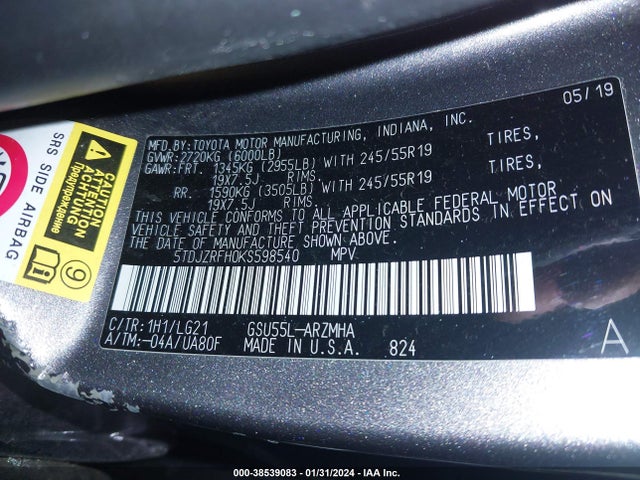 Toyota Highlander Se 2019 5TDJZRFH0KS598540 Image 9