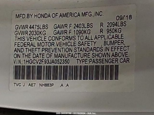 1HGCV2F93JA052350 Honda Accord Touring 2.0t