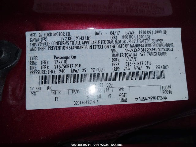 2017 FORD FOCUS TITANIUM VIN: 1FADP3N2XHL272063