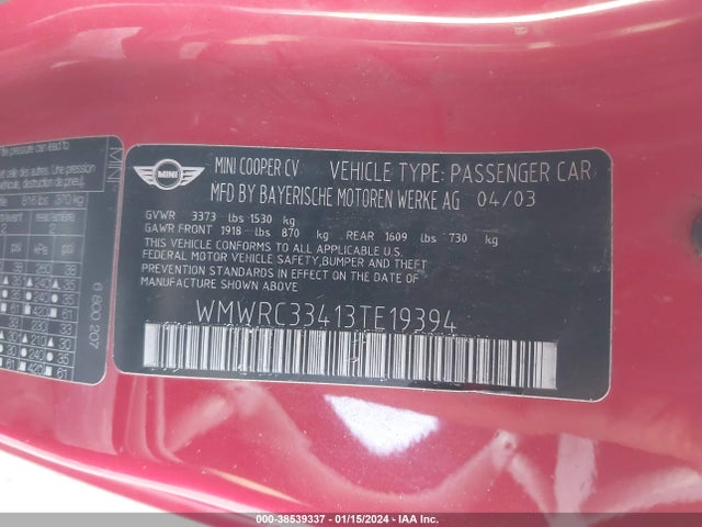 2003 MINI COOPER HARDTOP WMWRC33413TE19394 Photo 8