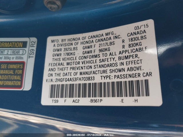 Honda CIVIC SI 2015 2HGFG4A53FH703833 Image 9