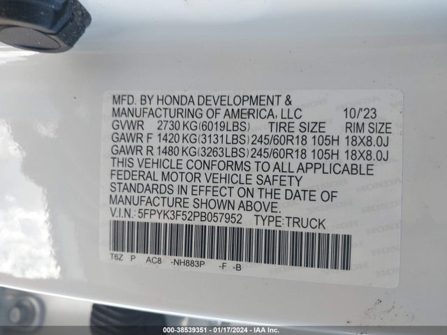 Honda Ridgeline Rtl 2023 5FPYK3F52PB057952 Image 9