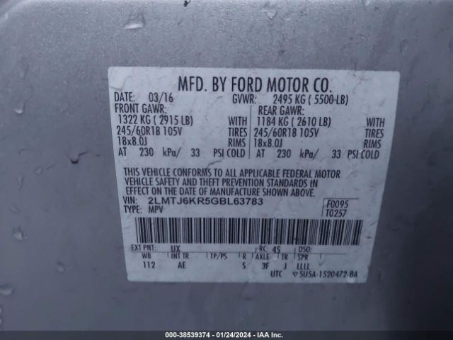 2LMTJ6KR5GBL63783 Lincoln Mkx Select