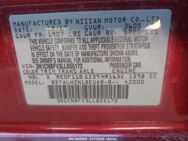 3N1CN8FV3LL855172 Nissan Versa Sr Xtronic Cvt