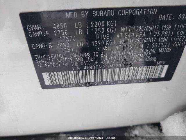 4S4BTACC1M3203166 Subaru Outback Premium