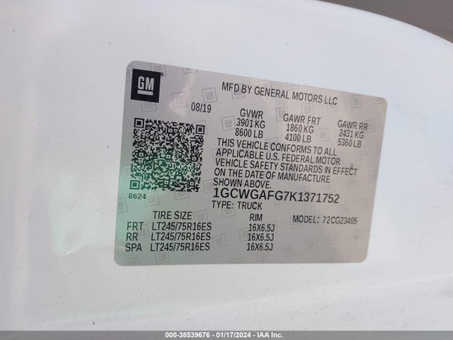 2019 CHEVROLET EXPRESS 2500 WORK VAN VIN: 1GCWGAFG7K1371752