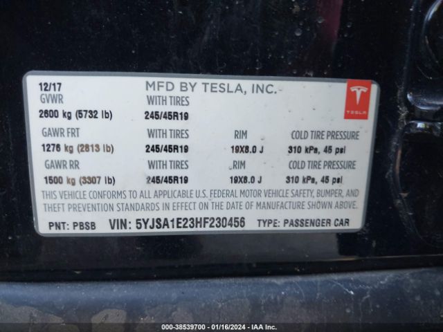 5YJSA1E23HF230456 Tesla Model S 100d/60d/75d/90d/p100d