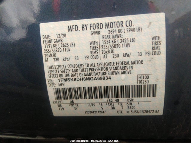 Ford EXPLORER XLT 2021 1FMSK8DH8MGA69934 Image 9