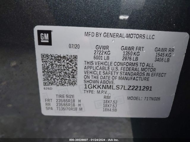 1GKKNMLS7LZ221291 GMC Acadia Fwd Slt