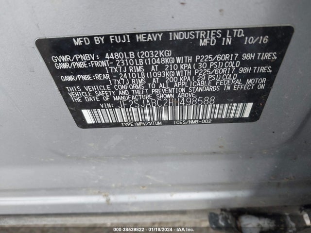 Subaru Forester 2.5i 2017 JF2SJABC2HH498588 Image 9