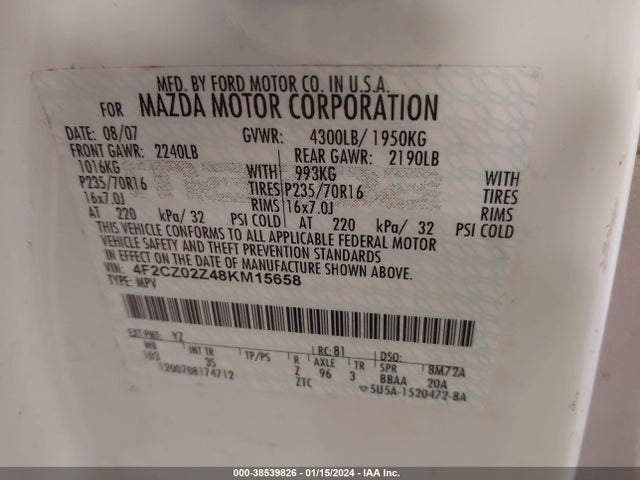 2008 MAZDA TRIBUTE I SPORT VIN: 4F2CZ02Z48KM15658