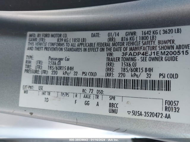 2014 FORD FIESTA SE VIN: 3FADP4EJ1EM200515