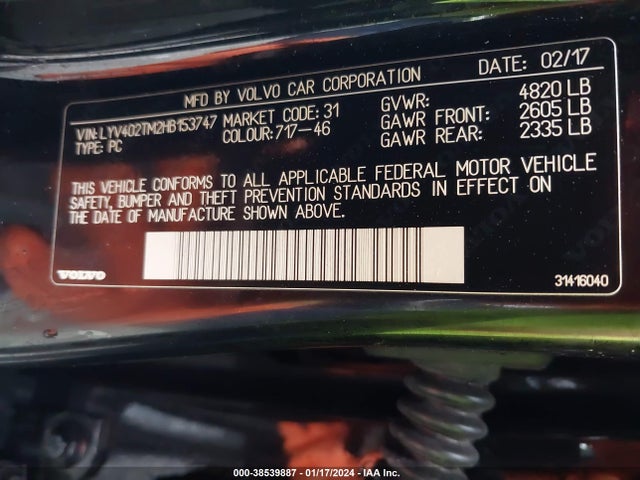 2017 VOLVO S60 INSCRIPTION T5 PLATINUM VIN: LYV402TM2HB153747