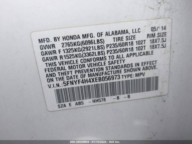 5FNYF4H4XEB056973 Honda Pilot Ex