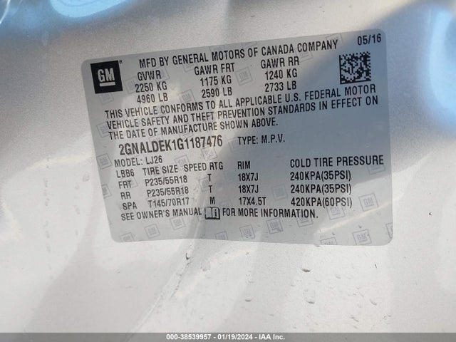 Chevrolet Equinox Ltz 2016 2GNALDEK1G1187476 Image 9