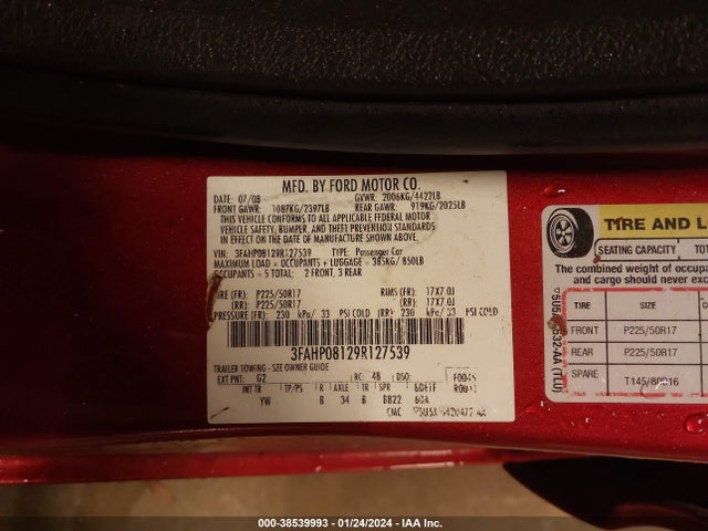 2009 FORD FUSION SEL VIN: 3FAHP08129R127539