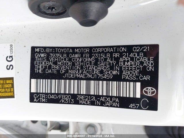 Toyota COROLLA LE 2021 JTDEPMAE7MJ175459 Image 9