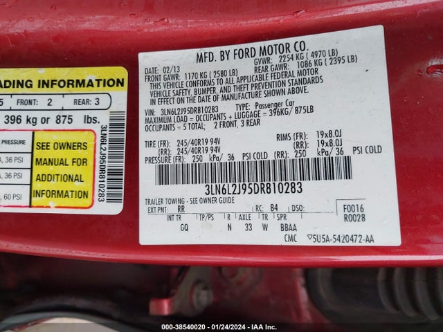 2013 LINCOLN MKZ VIN: 3LN6L2J95DR810283