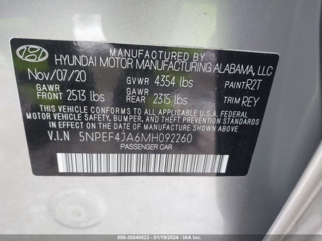 5NPEF4JA6MH092260 Hyundai SONATA SEL