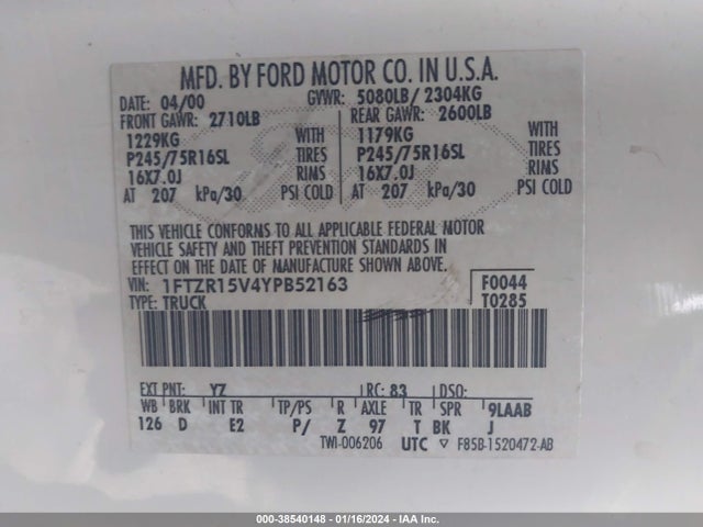 2000 FORD RANGER XL/XLT VIN: 1FTZR15V4YPB52163