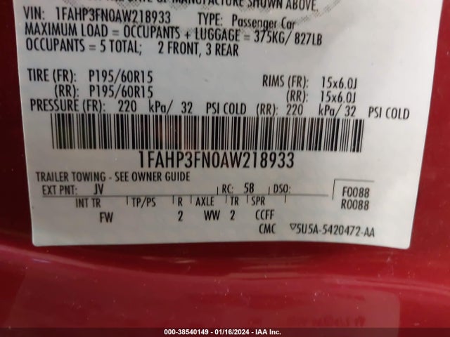 2010 FORD FOCUS SE VIN: 1FAHP3FN0AW218933